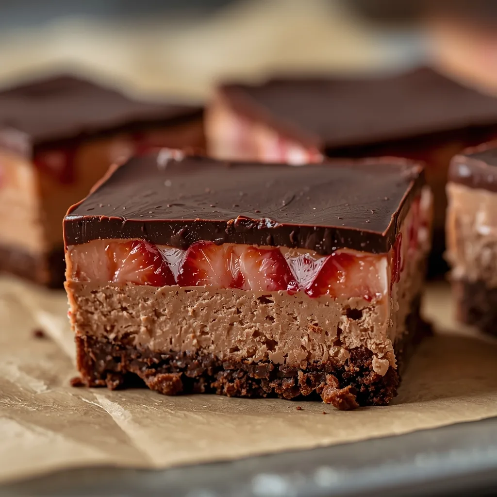 No-Bake Chocolate Strawberry Cheesecake Bars recipe