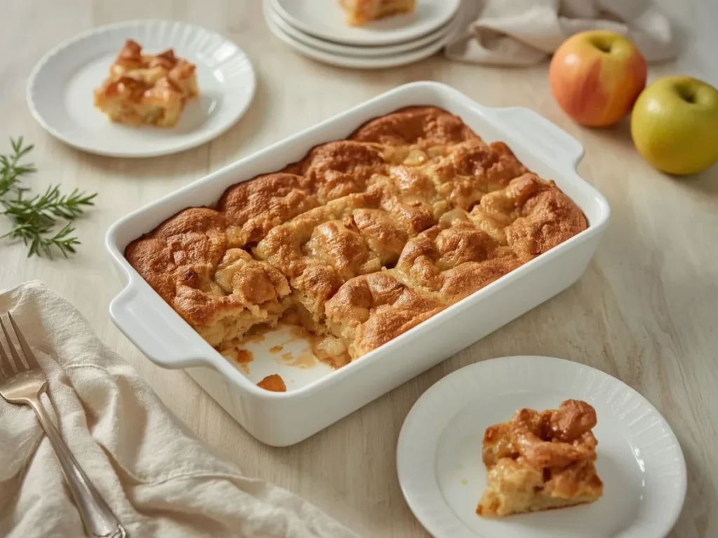 Apple dump cake with golden spiced topping in a white baking dish