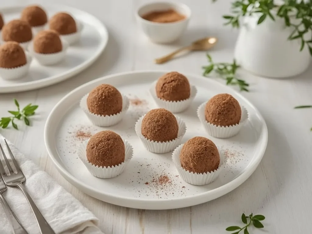 Cocoa-dusted chocolate truffles in paper cups on a white plate