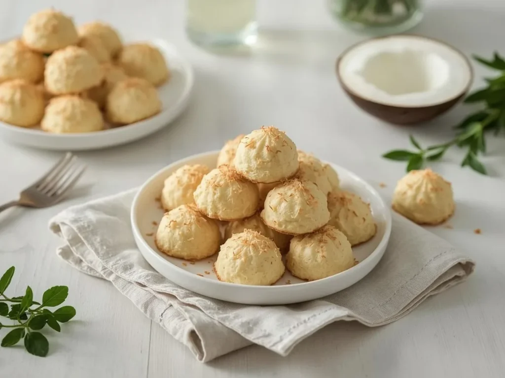 Golden coconut macaroons piled on a white plate