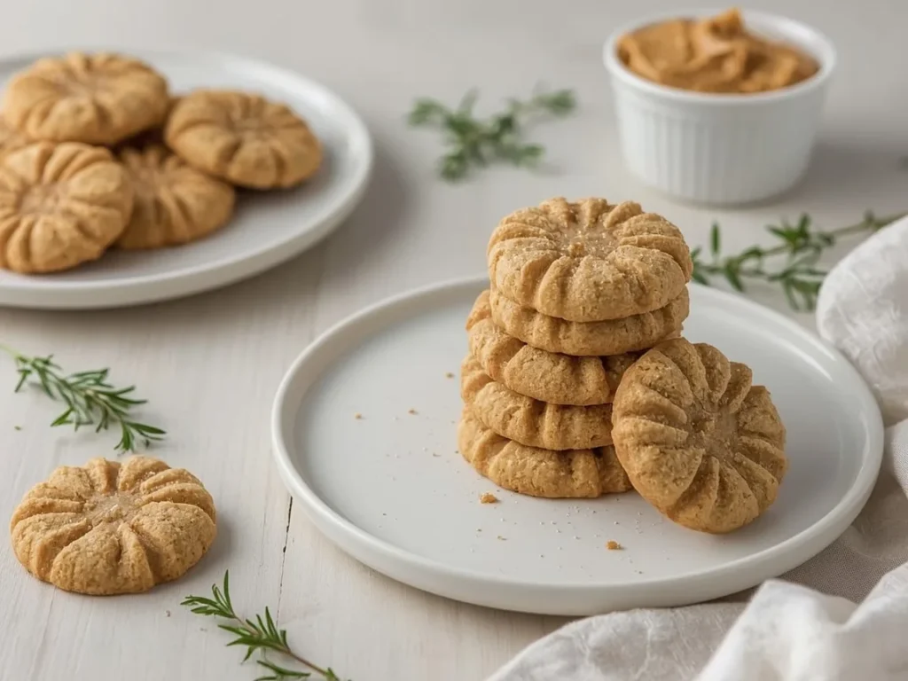 Peanut butter cookies with crisscross fork marks stacked on a white plate