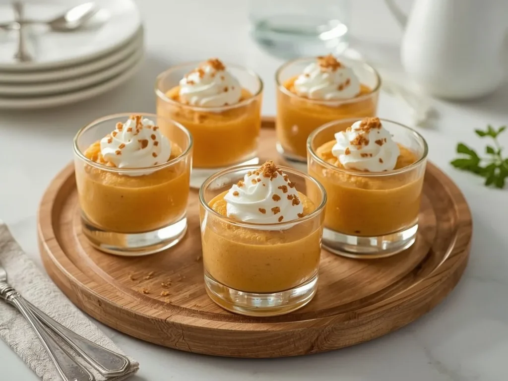 Pumpkin mousse in small glasses topped with whipped cream and gingersnap crumbs
