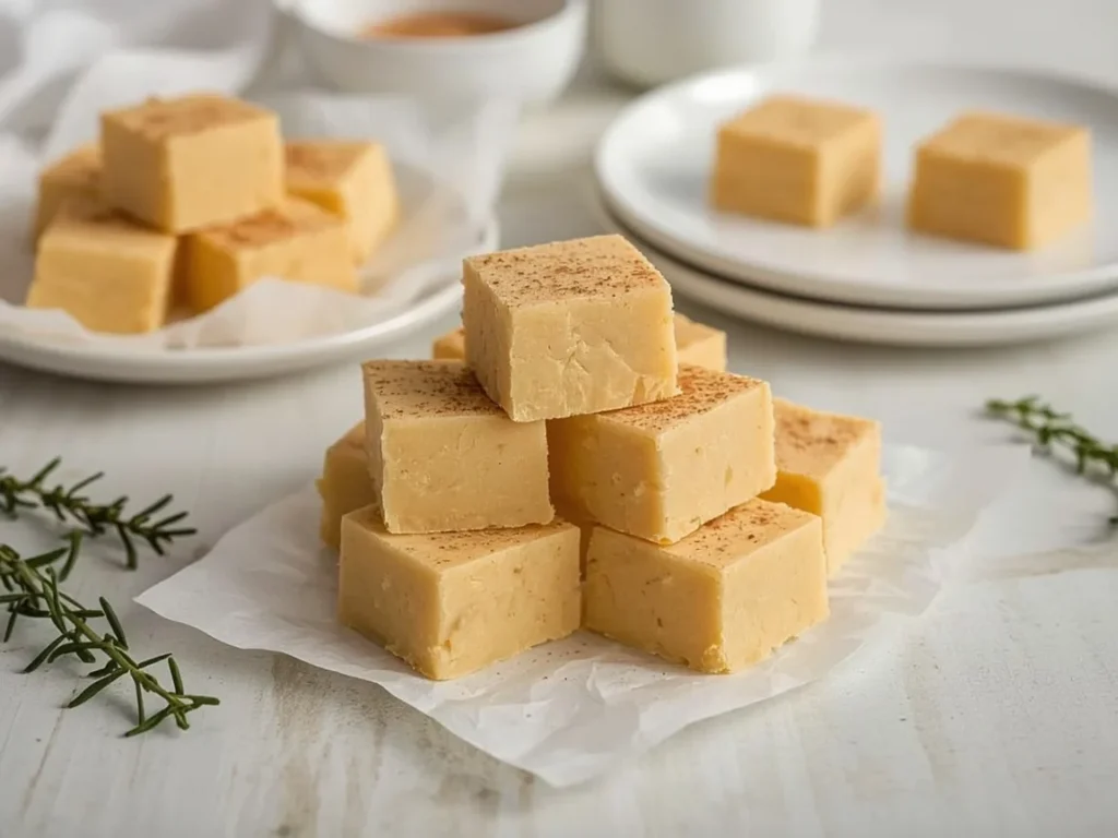 Pumpkin spice fudge squares stacked on parchment paper