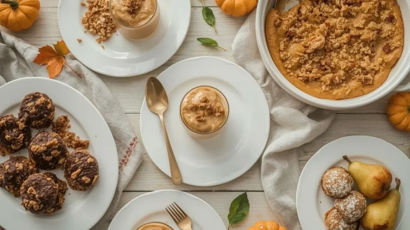 Easy 3-ingredient Thanksgiving desserts including pumpkin mousse, pecan clusters, apple dump cake and macaroons