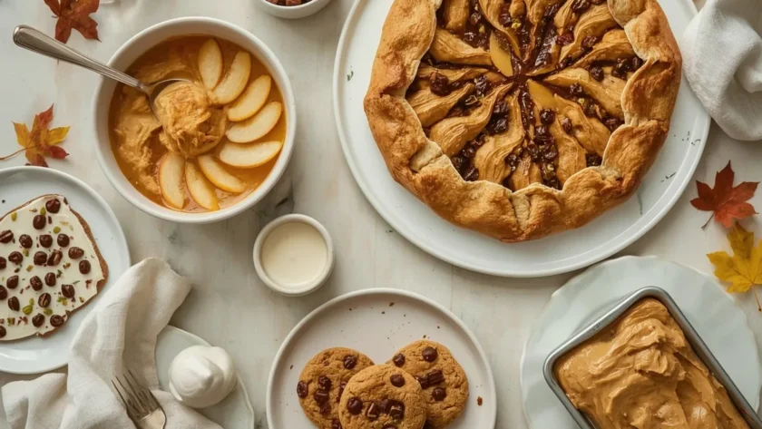 Simple 4-ingredient Thanksgiving desserts with pumpkin dip, pear galette, bark, palmiers and cookies