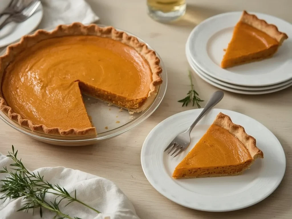 Sweet potato pie with a crimped crust and a slice on a plate