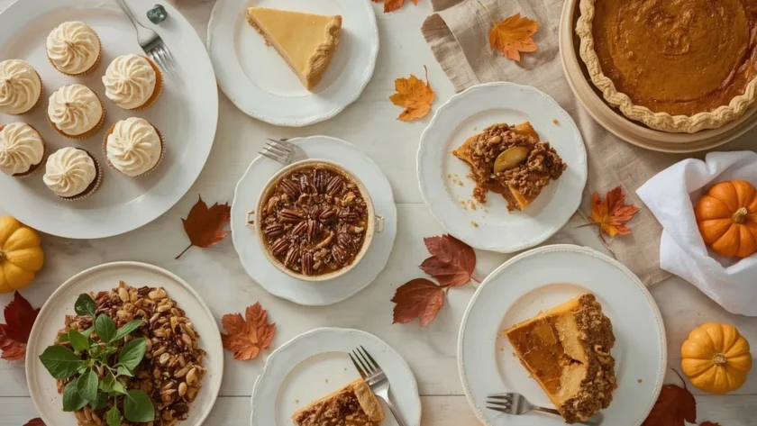 Easy 5-ingredient Thanksgiving desserts with cupcakes, pecan pie bites, apple crisp, cranberry cake and sweet potato pie