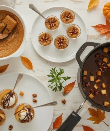 Quick Thanksgiving desserts with pumpkin dip, cheesecake cups, caramel apples, sundaes and chocolate fondue