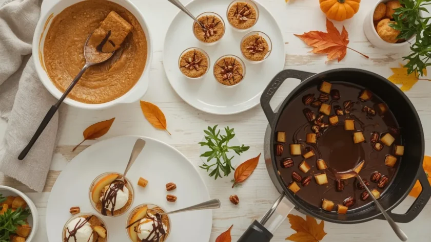Quick Thanksgiving desserts with pumpkin dip, cheesecake cups, caramel apples, sundaes and chocolate fondue