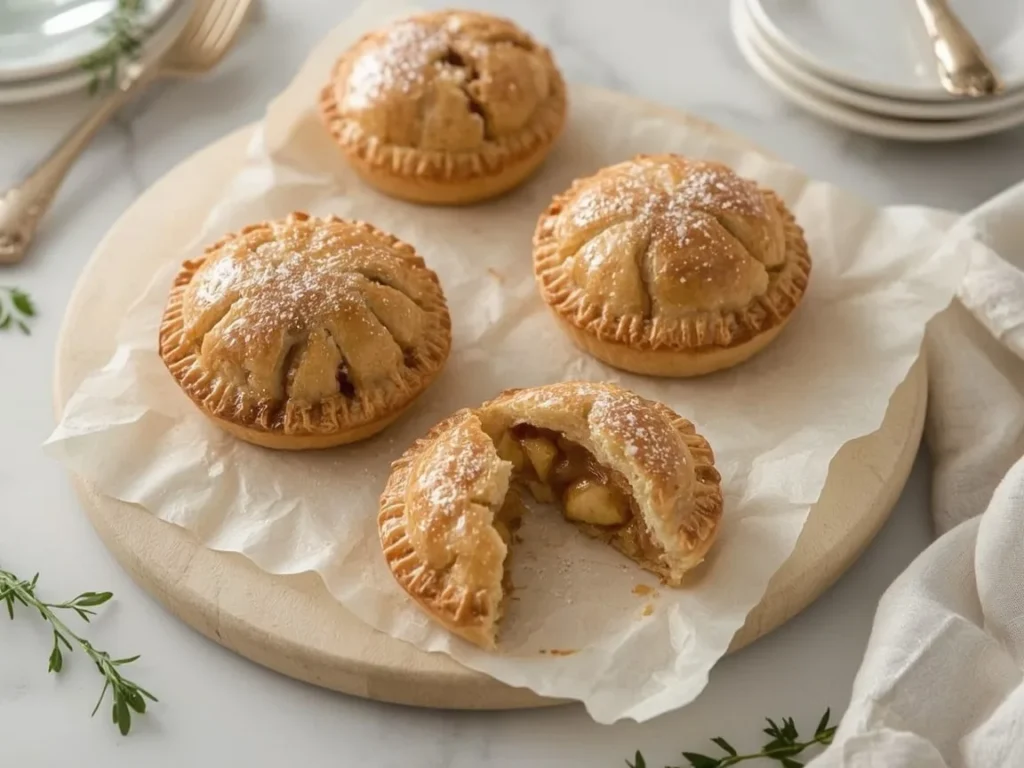 Air fryer apple hand pies with sugar tops, one showing apple filling