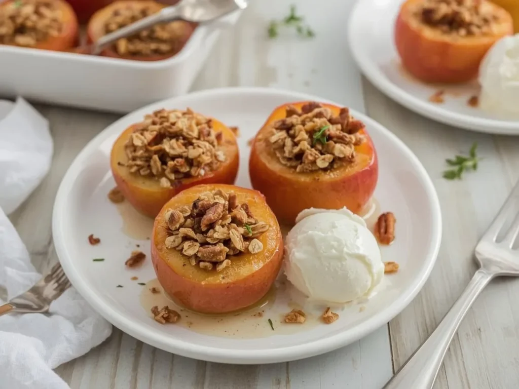 Air fryer baked apple halves with oat crumble and ice cream