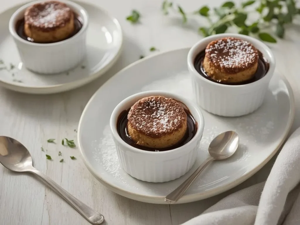 Air fryer chocolate pudding cakes in ramekins with chocolate sauce