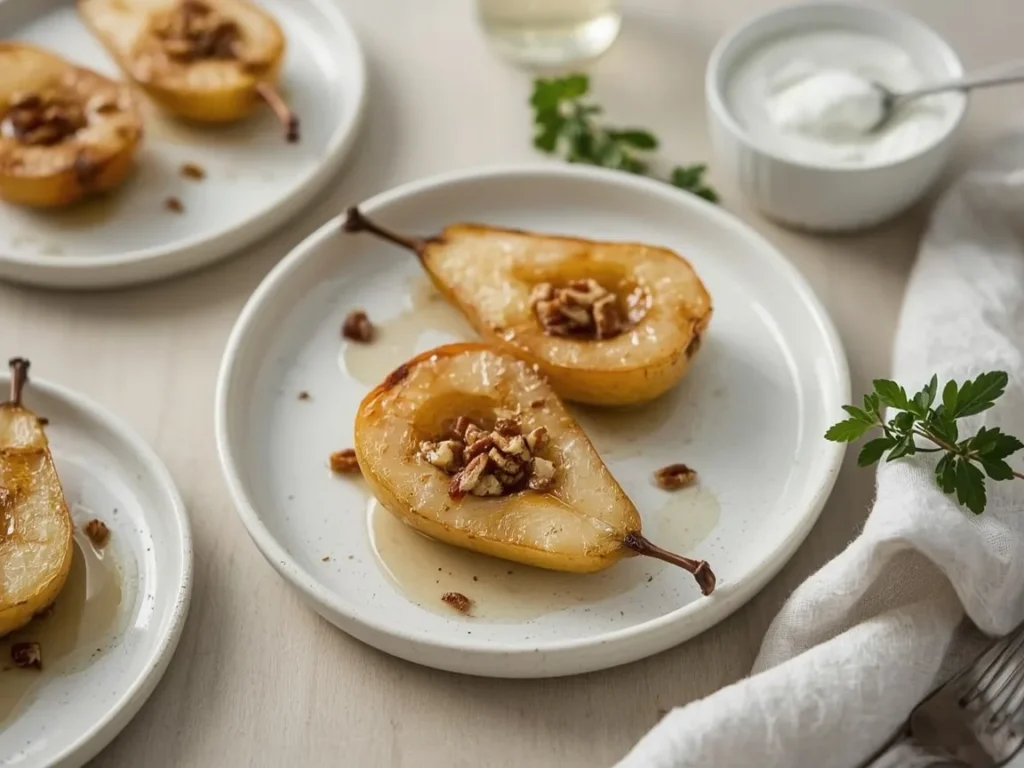 Air fryer maple roasted pears with pecans and yogurt