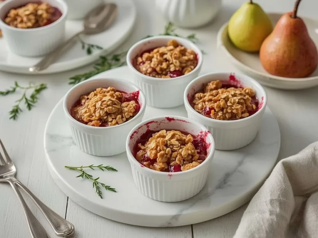 Air fryer mini cranberry crumbles in ramekins with oat topping