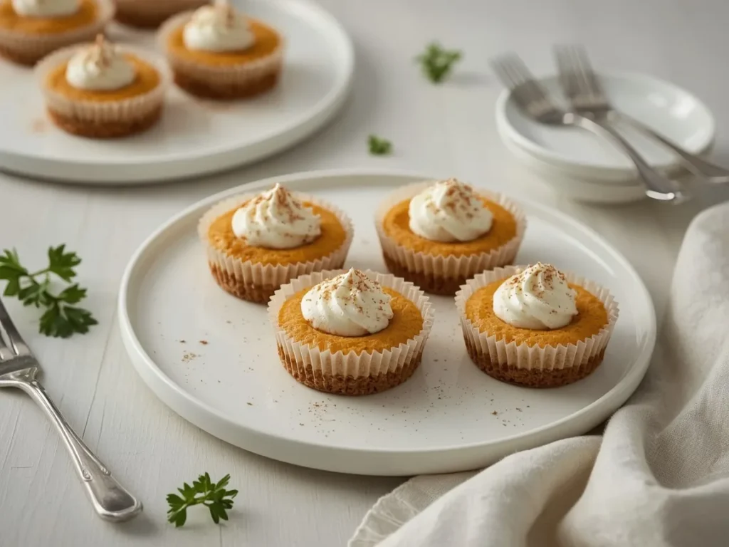 Air fryer mini pumpkin cheesecakes topped with whipped cream