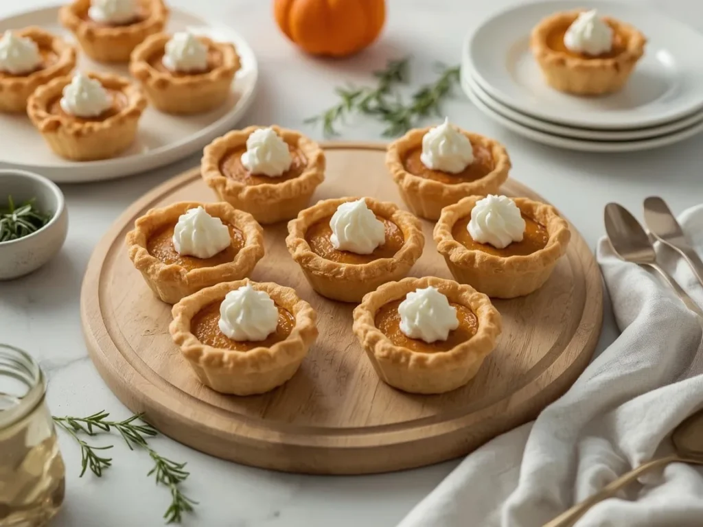 Air fryer mini pumpkin pies with whipped cream on a wooden board