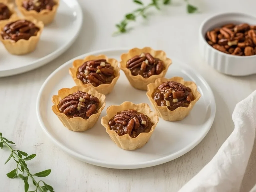 Air fryer pecan pie bites in phyllo cups on a white platter