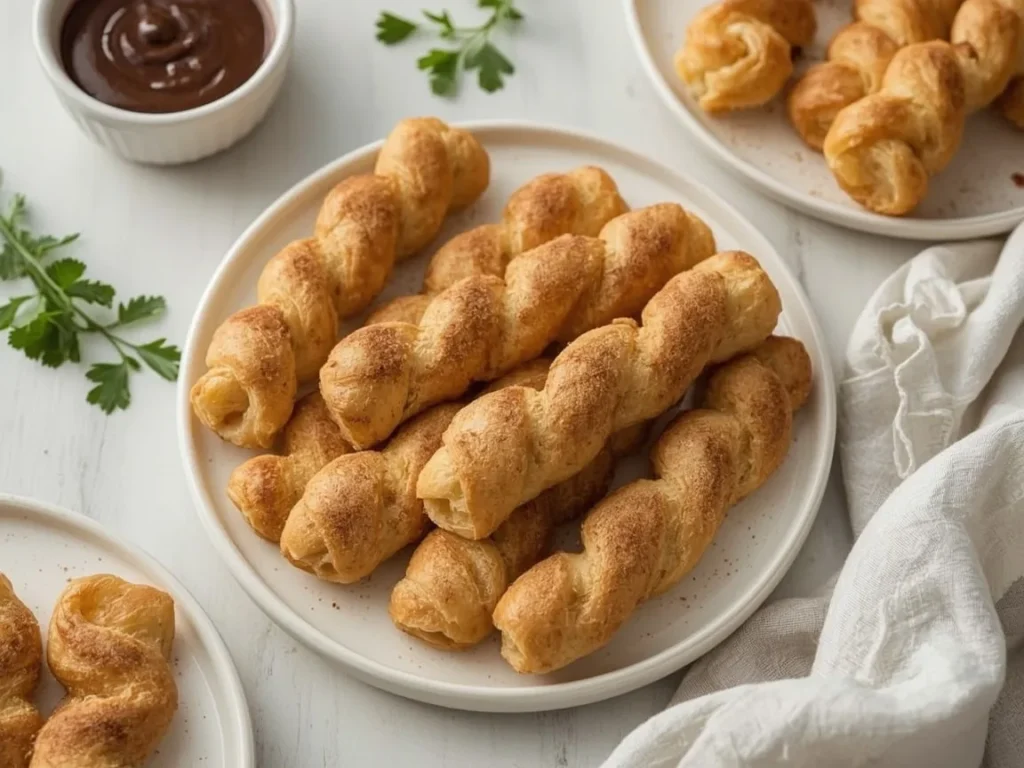 Air fryer pumpkin spice churro twists with chocolate sauce