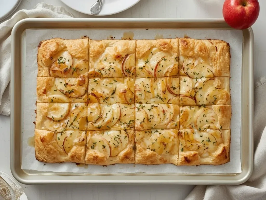 Apple, cheddar and thyme puff pastry tart cut into squares on parchment