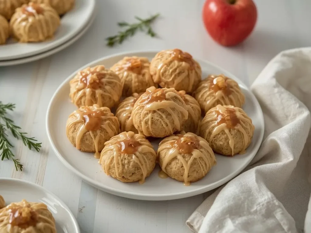 Glazed apple cider cookies on a white platter