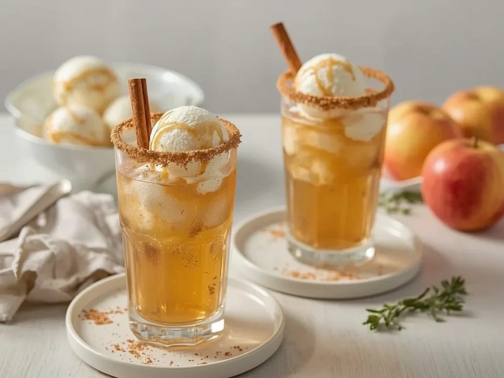 Apple cider floats with vanilla ice cream, cinnamon sugar rims and cinnamon sticks