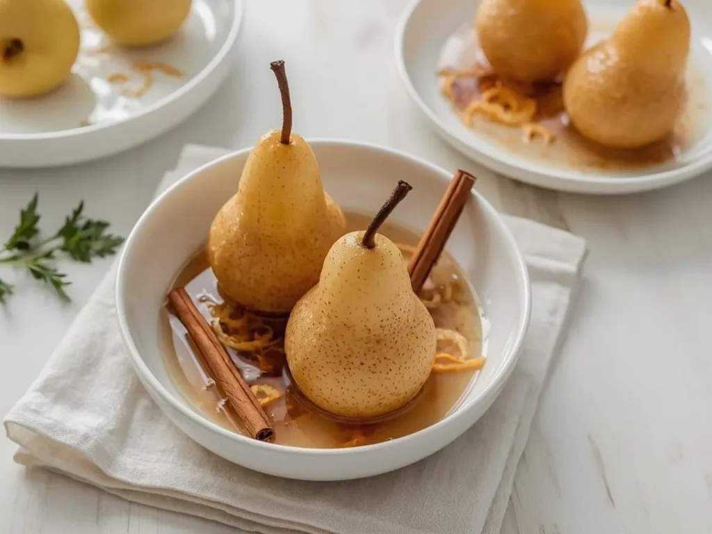 Apple cider poached pears in a bowl with cinnamon syrup