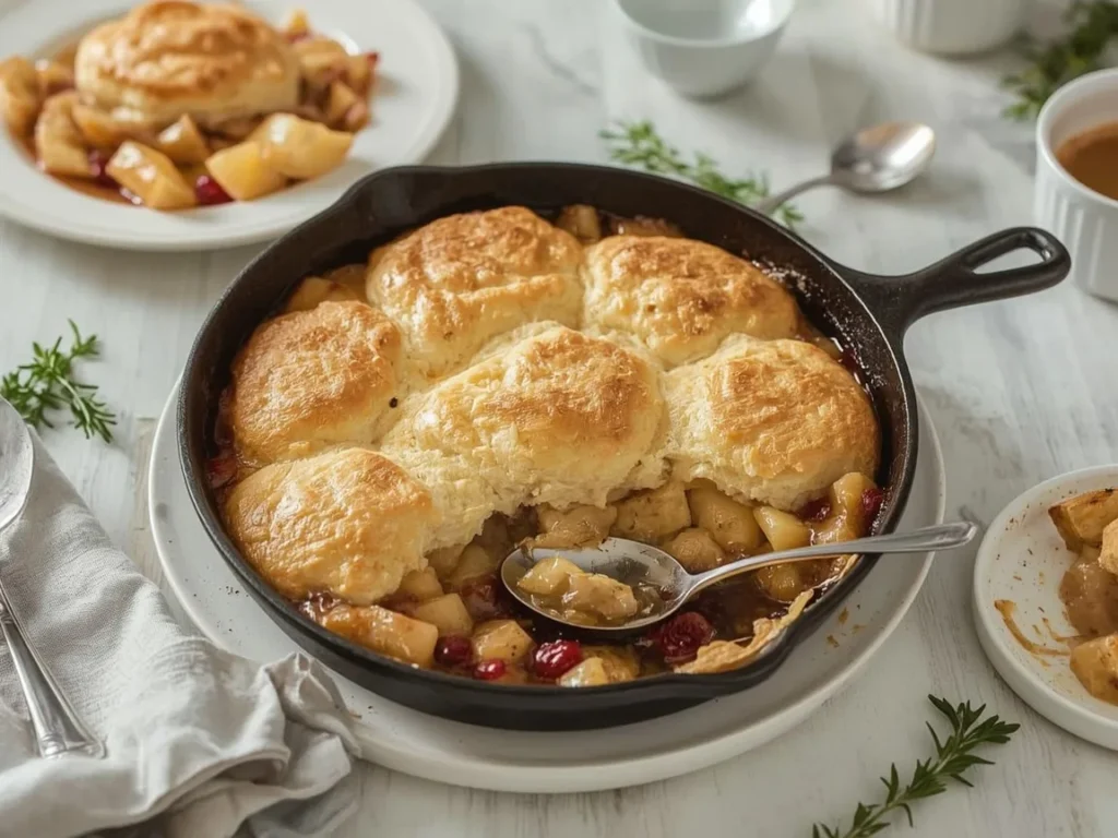 Apple and cranberry cobbler with golden biscuit topping in a skillet