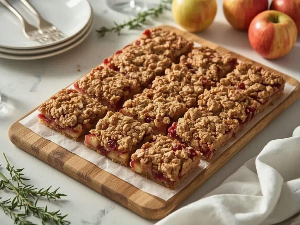 Apple cranberry crumble bars with oat topping on a wooden board