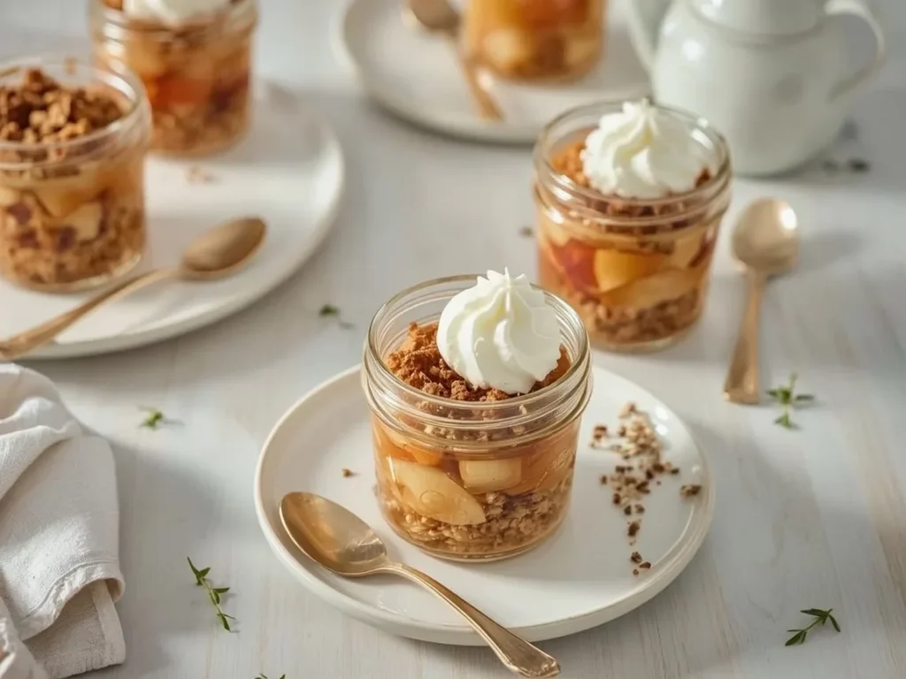 Apple crisp cups with oat crumble and whipped cream in jars