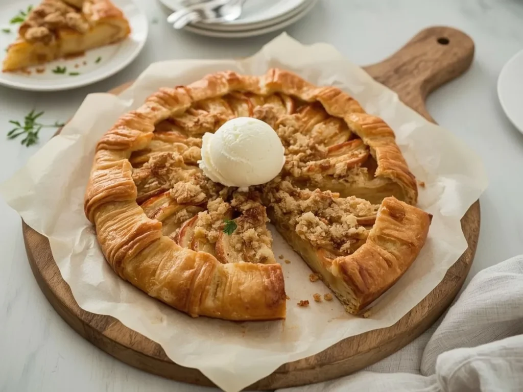 Rustic apple crostata with a golden crust and crumb topping on a wooden board