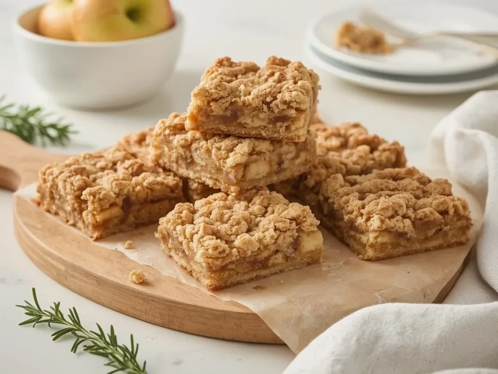 Apple crumb bars with cinnamon apples stacked on a wooden board