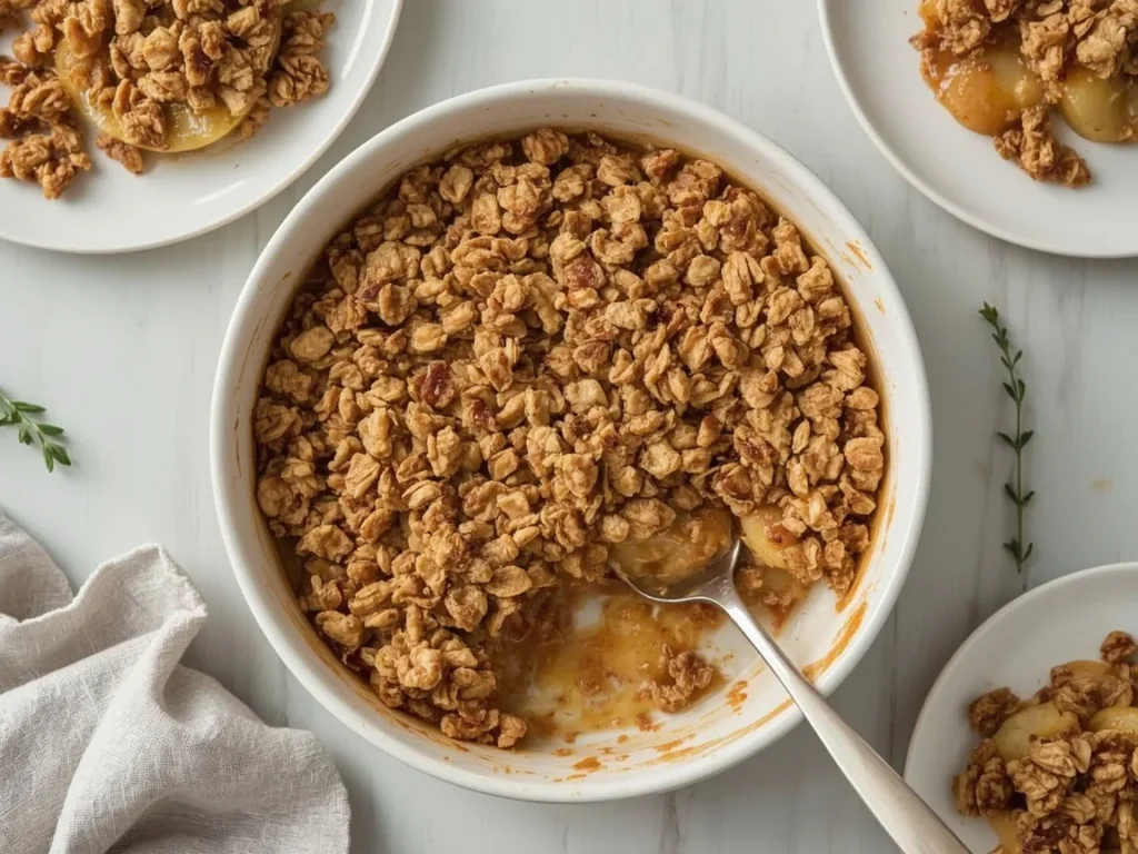 Apple granola crisp with golden granola topping in a baking dish