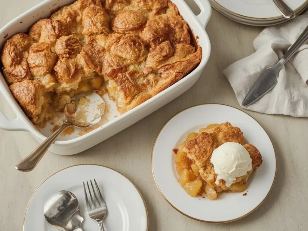 Apple pie dump cake with golden topping and ice cream