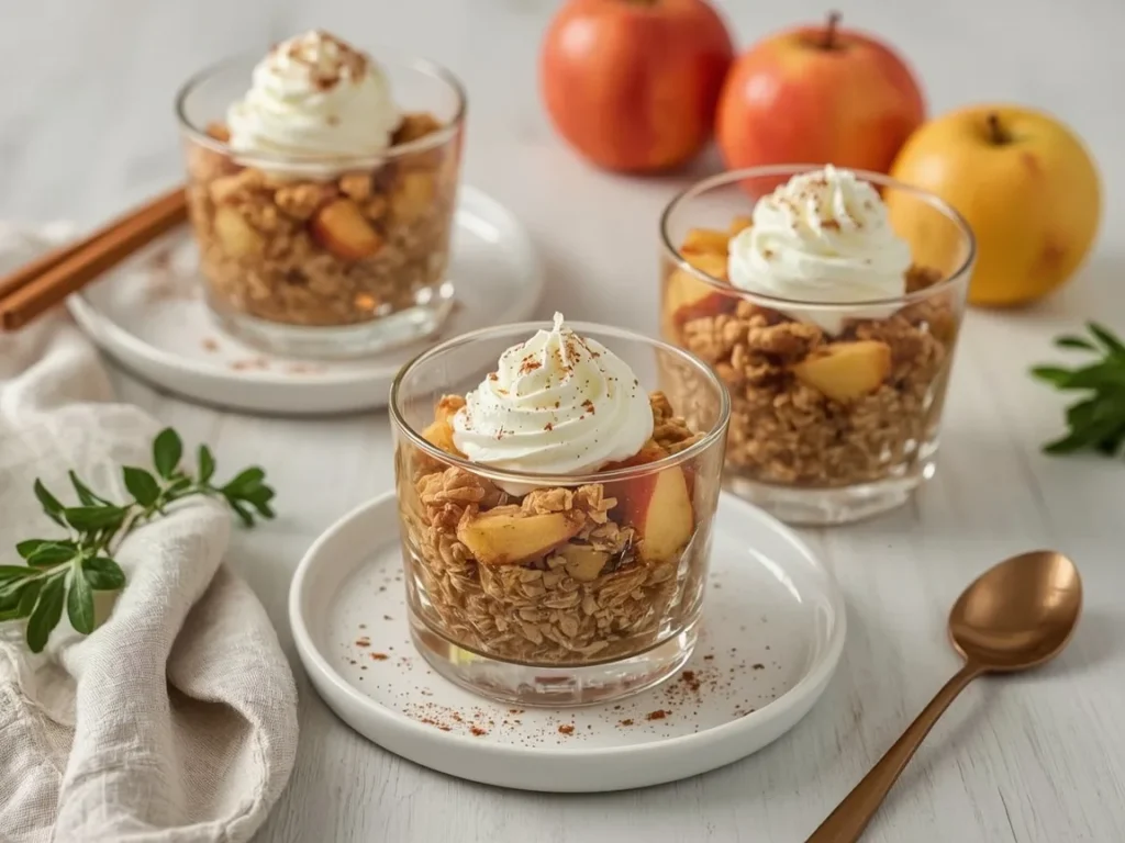 Apple pie parfaits with granola, cinnamon apples and whipped cream