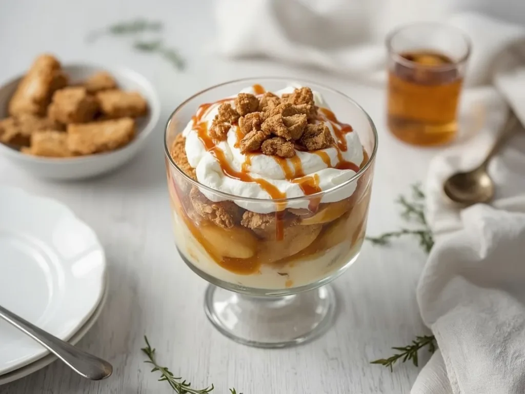 Apple pie trifle with cinnamon apples, vanilla cream and shortbread