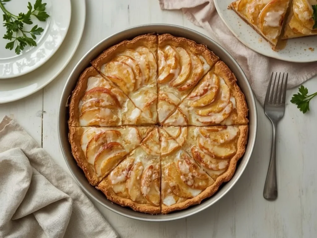 Apple slab pie with glaze drizzle cut into squares
