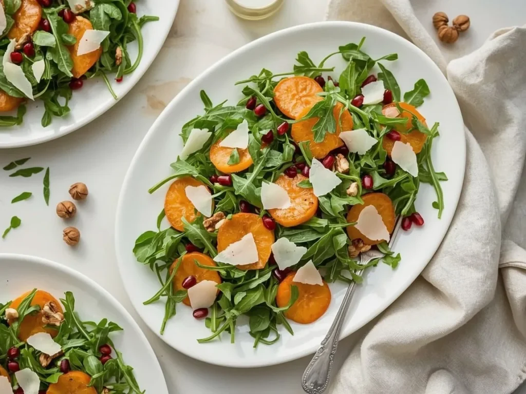 Arugula salad with persimmons, pomegranate seeds and hazelnuts