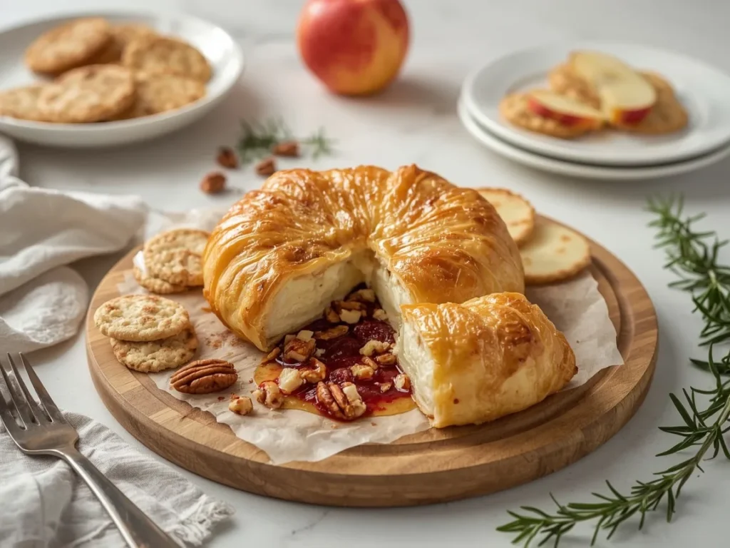 Baked Brie in golden puff pastry cut open with cranberry sauce and pecans on a wooden board