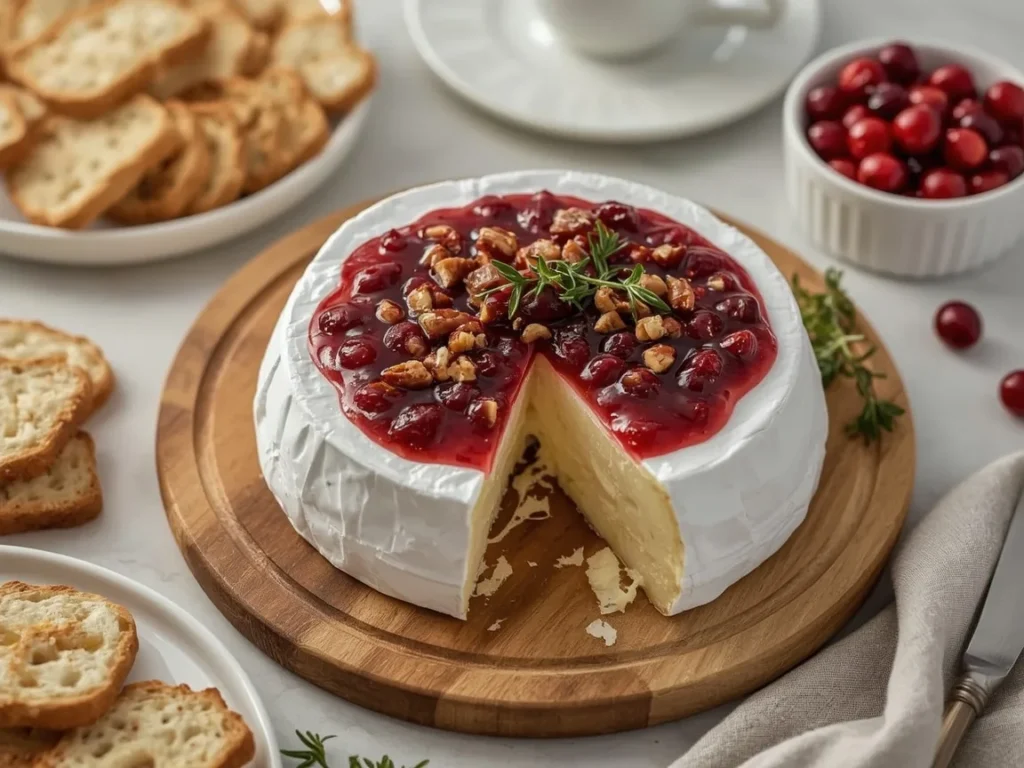 Baked brie topped with cranberry compote, toasted pecans and thyme on a wooden board with crackers