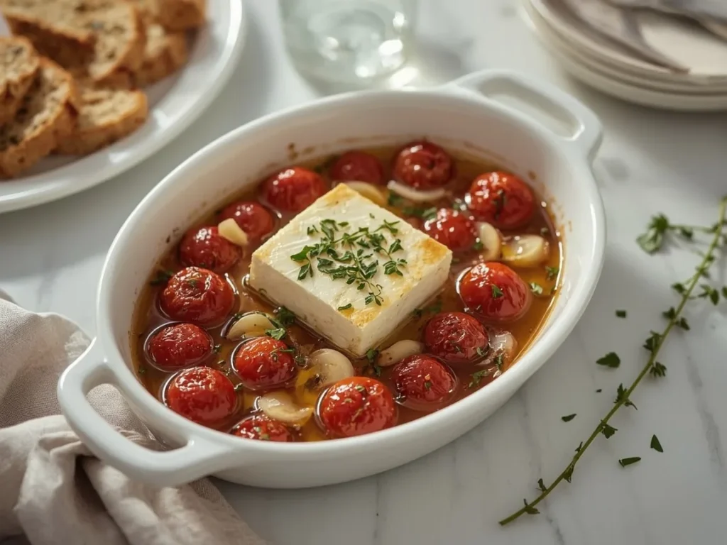 Baked feta with blistered cherry tomatoes and herbs in a baking dish with toasted bread