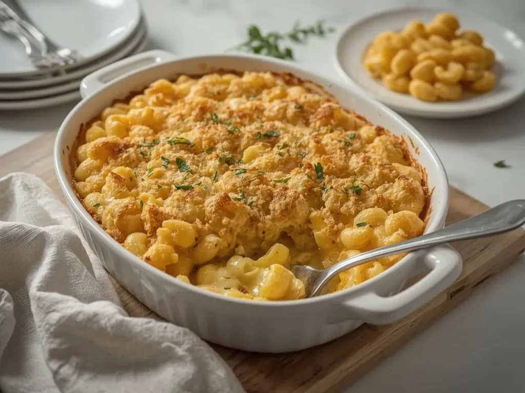 Baked mac and cheese with golden breadcrumb topping