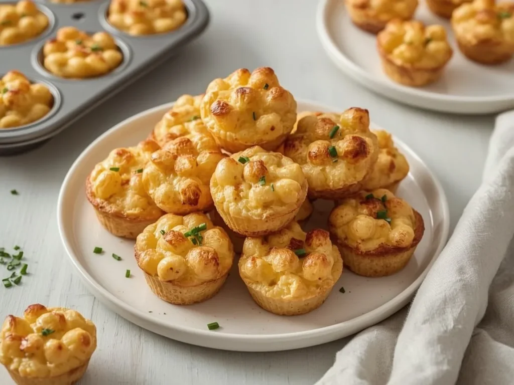 Baked mac and cheese bites with crispy golden tops on a white platter