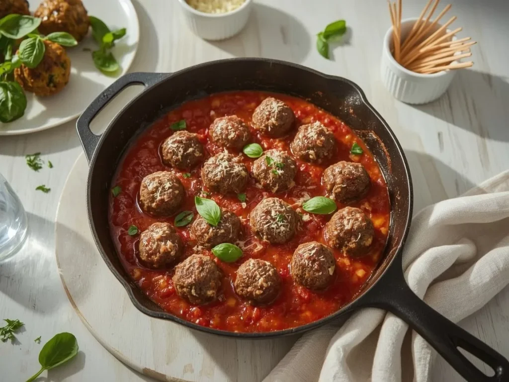 Baked beef meatballs in marinara sauce with parmesan and basil in a skillet