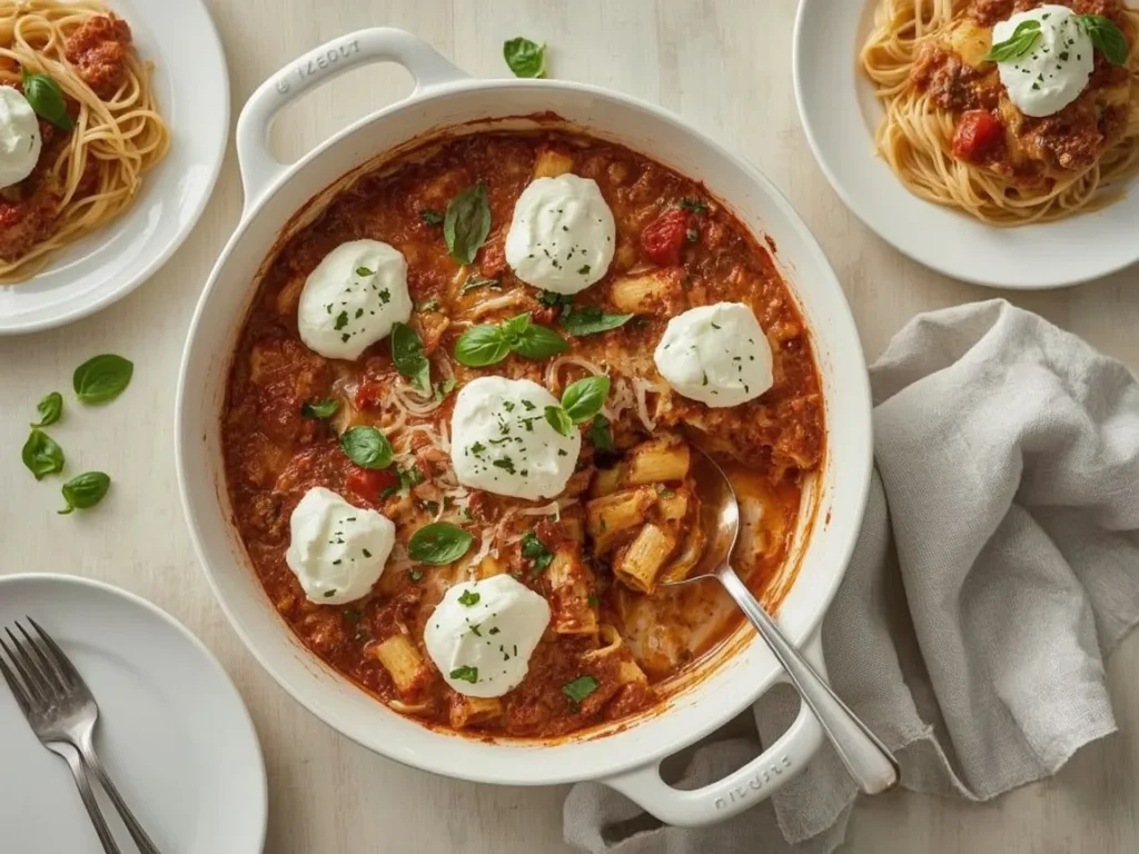 Baked rigatoni with lamb ragù, ricotta and melted cheese in a baking dish