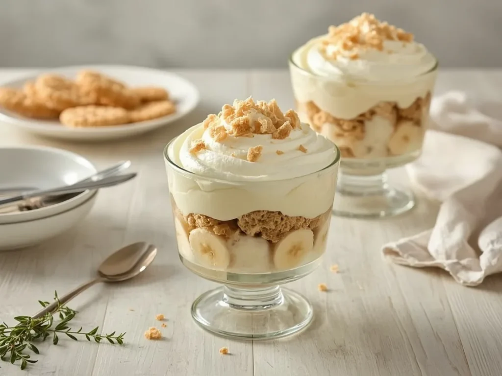 Banana pudding with vanilla wafers, bananas and whipped cream in a glass dish