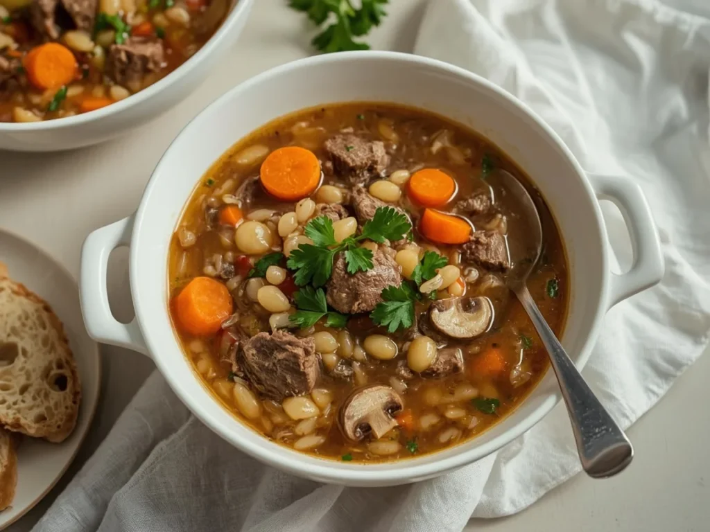 Beef and barley soup with carrots and mushrooms in a bowl