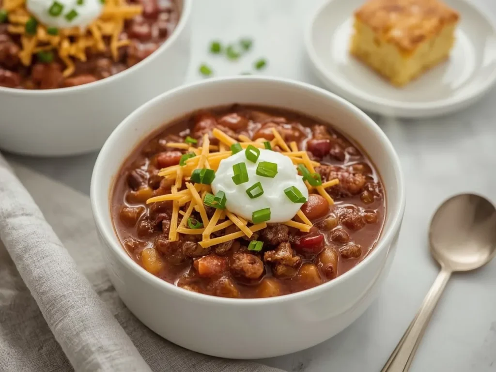 Hearty beef and bean chili with cheddar, sour cream and cornbread