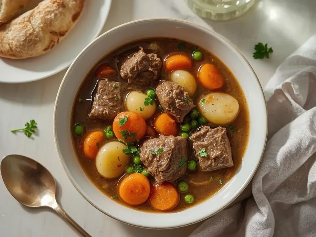 Hearty beef stew with root vegetables and crusty bread