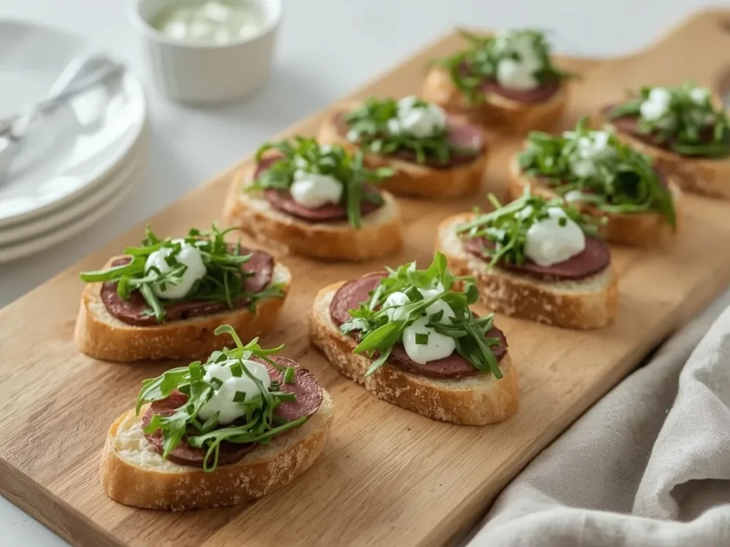 Beef tenderloin crostini with arugula, horseradish sauce and chives on a wooden board