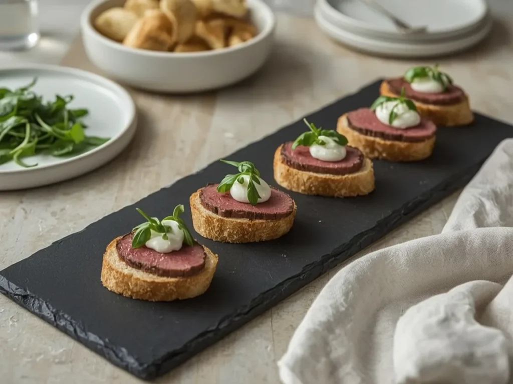 Beef tenderloin crostini with horseradish cream and arugula on a slate board